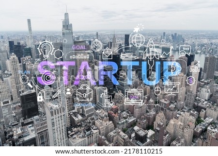 Aerial panoramic city view of Upper Manhattan area, East Side, river and Brooklyn on horizon, New York city, USA. Startup company, launch project to seek and develop scalable business model, hologram