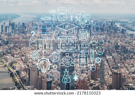 Aerial panoramic helicopter city view of Upper Manhattan, Midtown and Downtown, New York, USA. Technologies and education concept. Academic research, top ranking university, hologram