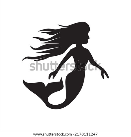 Vector, Image of mermaid silhouette icon, black and white color, transparent background

