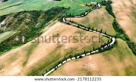 Famous cypress hill of Monticchiello, Tuscany. Aerial view from drone in spring season. Royalty-Free Stock Photo #2178112235