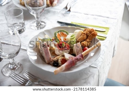 Different tasty appetizers on luxury banquet or wedding table