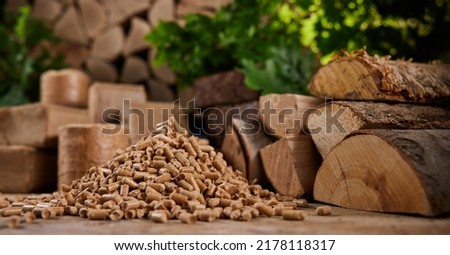 Ground level of heap of compressed wood pellets stacked on floor near chopped firewood of various types with green leaves and biomass briquettes in sunlight Royalty-Free Stock Photo #2178118317