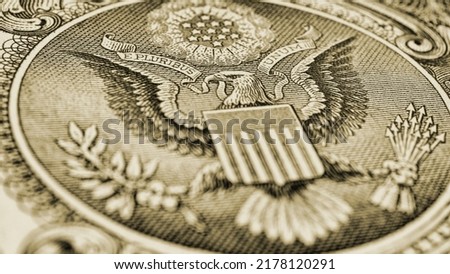 1 US dollar. Fragment of banknote. Reverse of bill with the Great Seal. The bald eagle is the national symbol. Olive tinted illustration. American treasury and treasuries. Economy of the USA Royalty-Free Stock Photo #2178120291