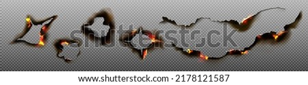 Burn paper holes and borders, burnt page with smoldering fire on charred uneven edges, parchment sheets in flame. Burned frames isolated on transparent background. Realistic 3d vector illustration set Royalty-Free Stock Photo #2178121587