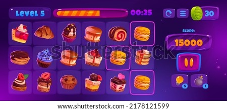 Match 3 game interface with cute cakes icons, buttons and assets. Vector cartoon illustration of mobile game match three with sweets and desserts signs, progress bar, score and clock Royalty-Free Stock Photo #2178121599