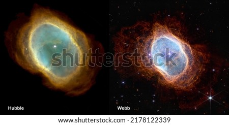 Webb and Hubble telescopes side-by-side comparisons visual gains. Southern Ring Nebula, NGC 3132. Elements of this picture furnished by NASA, ESA, CSA, STSc Royalty-Free Stock Photo #2178122339