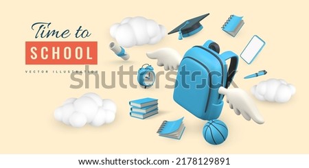 Time to school promo banner design. 3d realistic school bag with wings, book, pencil, alarm clock, graduation cap and diploma. Vector illustration. Royalty-Free Stock Photo #2178129891