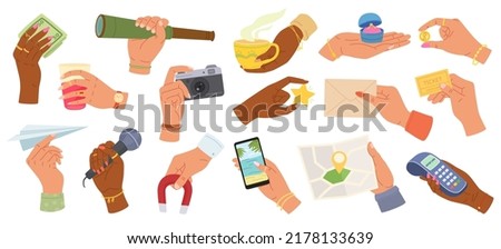 Hands holding things. Different objects in human hand, hold gestures. Hand with microphone, photo camera and mobile phone vector set. Female and male characters carrying map, ticket