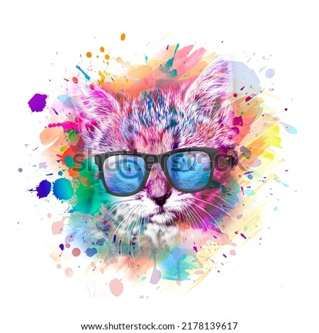 colorful artistic kitty muzzle with glasses bright paint splatters on white background.