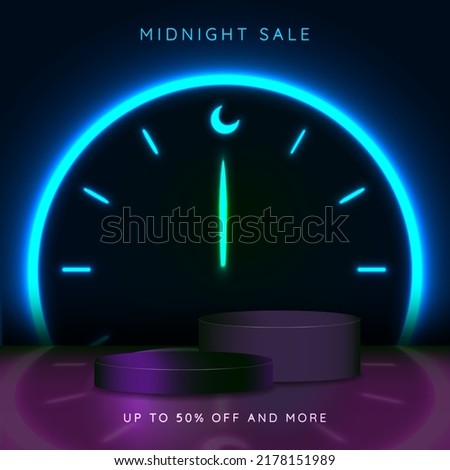 Midnight Sale Concept. Two 3d  podium pedestal for product showcase. Scene with neon clock and typography. Clock hand pointing to 12 am with neon moon icon. Up to 50% off and more. Vector. EPS 10 Royalty-Free Stock Photo #2178151989