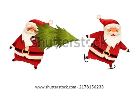 Santa Claus Character with White Beard in Red Hat Carrying Green Fir Tree and Ice Skating Vector Set