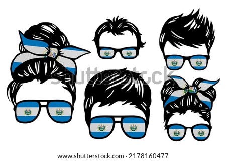 Family clip art set in colors of national flag on white background. El Salvador