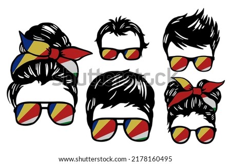 Family clip art set in colors of national flag on white background. Seychelles