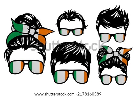 Family clip art set in colors of national flag on white background. Ireland