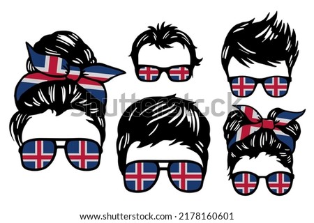 Family clip art set in colors of national flag on white background. Iceland