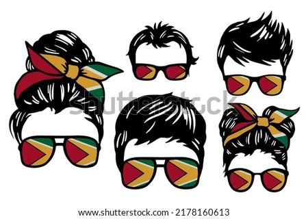 Family clip art set in colors of national flag on white background. Guyana