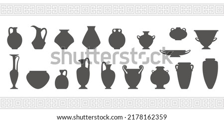 Greek vases silhouettes. Ancient amphoras and pots glyph illustration. Clay ceramic earthenware. Vector Royalty-Free Stock Photo #2178162359