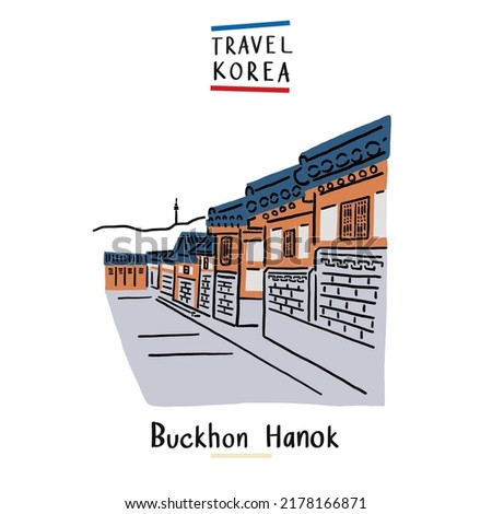 Bukchon Hanok Village sightseeing South Korea travel Hand drawn color Illustration Royalty-Free Stock Photo #2178166871
