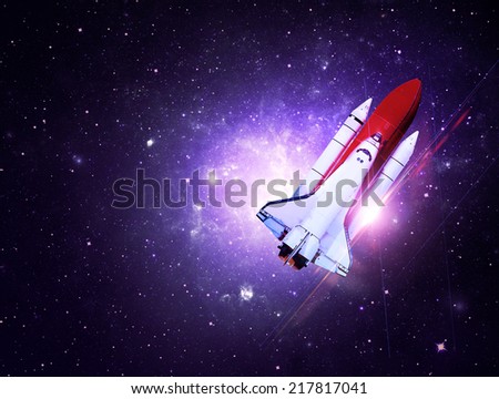 Rocket Flying Through Purple Starfield - Elements of this Image Furnished By NASA