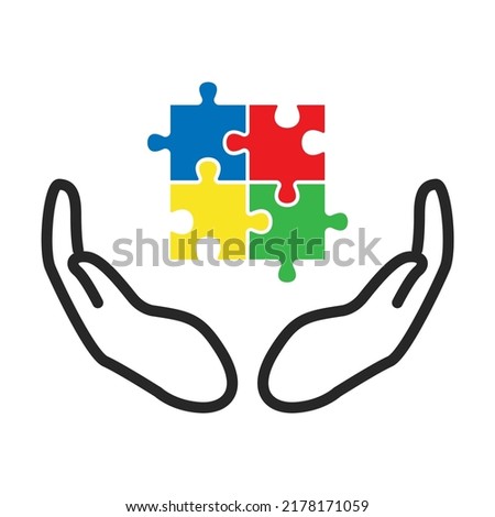 Autism Colorful Jigsaw puzzle with open hands on white background. Isolated illustration.