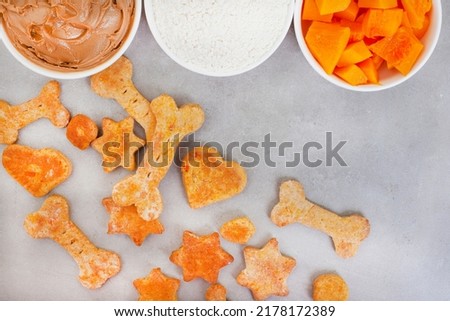 homemade organic dog biscuit and ingredients treats on grey surface with copy space Royalty-Free Stock Photo #2178172389