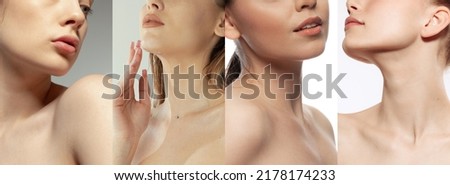 Neck, shoulders, chin. Set of cropped images of different girls with well-kept young skin without makeup isolated on light background. Beauty, skin care, facebuilding, eco, cosmetological products, ad