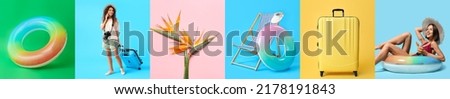 Summer collage with young women, inflatable rings, suitcases, tropical flower and deck chair on color background