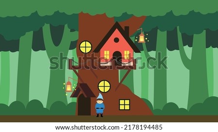 Fairytale gnome stands near a house in a tree in the forest