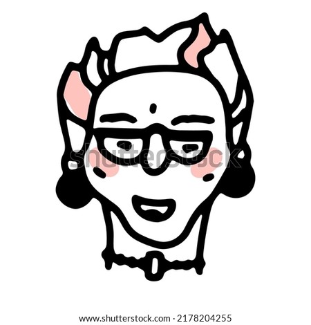 Doodle elderly woman with glasses, pink hair, bijouterie. Hand-drawn human face isolated on white background. Cartoon Funny grandma. Female portrait. Cheekbones, positive emotion. Vector illustration