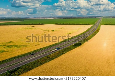 blue truck driving on asphalt road along the yellow wheat fields with a cloudy sky. seen from the air. Aerial view landscape. drone photography. cargo delivery