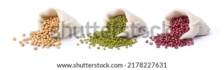 Set of mix bean (soy beans, green mung bean and Adzuki bean) in sack bag isolated on white background. Royalty-Free Stock Photo #2178227631