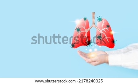 Doctor hands holding lung organ with virus infection on blue background. Diagnosis and treatment vial pneumonia such as influenza, coronavirus or respiratory syncytial virus (RSV). Royalty-Free Stock Photo #2178240325