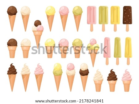 Set of colorful ice cream sundae cone in flat design. Summer clip arts illustration 