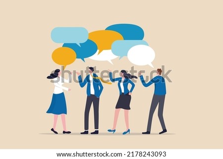 Discussion, conversation or brainstorming for idea, meeting, debate or team communication, colleague chatting, opinion concept, business team coworker discussing work in meeting with speech bubbles. Royalty-Free Stock Photo #2178243093