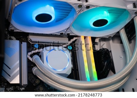 Computer water cooling system with fan with RGB lighting.