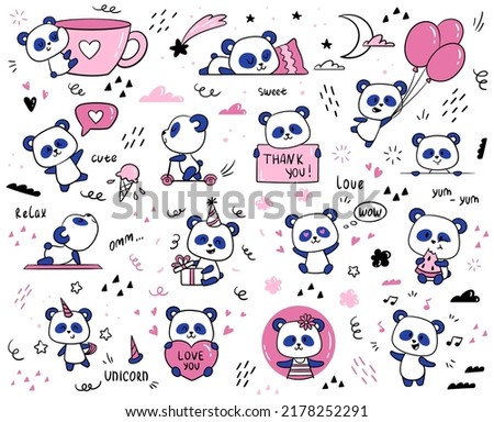 Set of cute panda. Funny little panda drinks coffee, holds balloons, eats pizza, does yoga and sleeps. Pattern for children clothing. Cartoon hand drawn vector collection isolated on white background