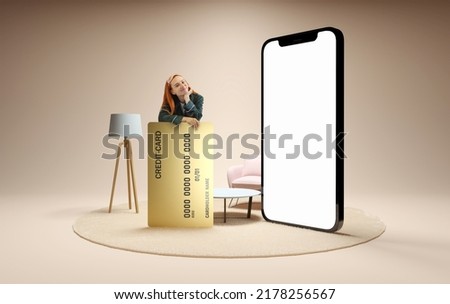 New opportunities, modern lifestyle. Young smiling girl, standing near to 3d model of cellphone with blank white screen iand dreaming isolated on grey background. Online shopping, choice, ad, sales,