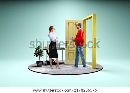 Creative collage with photo and 3d illustration of office room and young business woman receiving box from delivery man, courier at the door. Online shopping and delivery service. Sales, ad concept