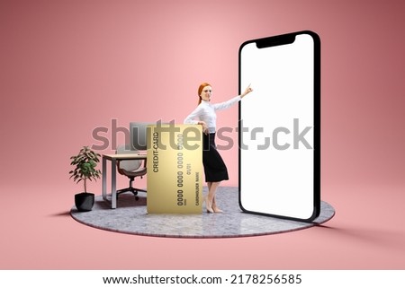 New opportunities, modern lifestyle. Young smiling girl, standing near to 3d model of cellphone with blank white screen iand dreaming isolated on pink background. Online shopping, choice, ad, sales,