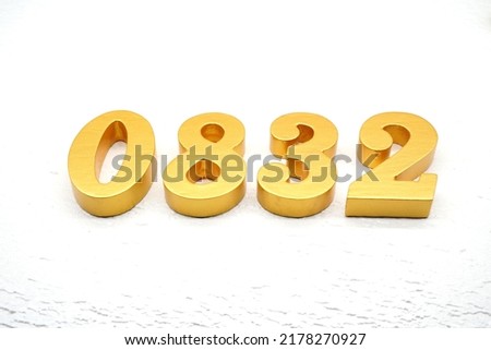   Number 0832 is made of gold painted teak, 1 cm thick, laid on a white painted aerated brick floor, visualized in 3D.                                   