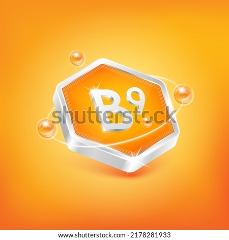 Vitamin B9 in hexagon shape and orange atom. Used for nutrition products food. Medical scientific concepts. Isolated 3D Vector EPS10 illustration. Royalty-Free Stock Photo #2178281933
