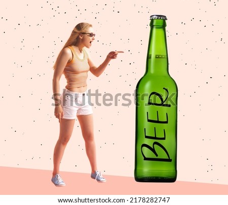 Wow. Beautiful happy girl pointing at huge green beer bottle. Contemporary art collage. magazine style design. Concept of emotions, holidays, party, beer, drinks and snacks, oktoberfest, ad and sales.
