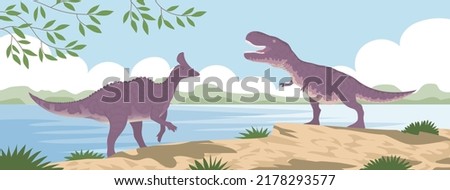 Hadrosaurus vs tyrannosaurus rex. Lizard fight. Ceratops with dangerous horns. Dinosaur of the Jurassic period. Science paleontology. Vector cartoon illustration of prehistoric nature background