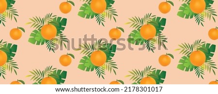 Abstract bright orange and plant leaf art line monstera plants vector seamless pattern design on pastel background. (tropical fruits) design flyers, tiles, clothes and wrapping paper