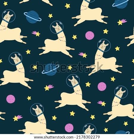 Cute llama in space seamless pattern. Cartoon alpaca in astronaut suit, stars and planets on dark blue background. Vector illustration