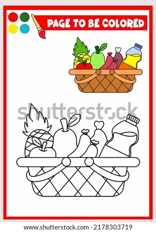 coloring book for kids. basket set with foods