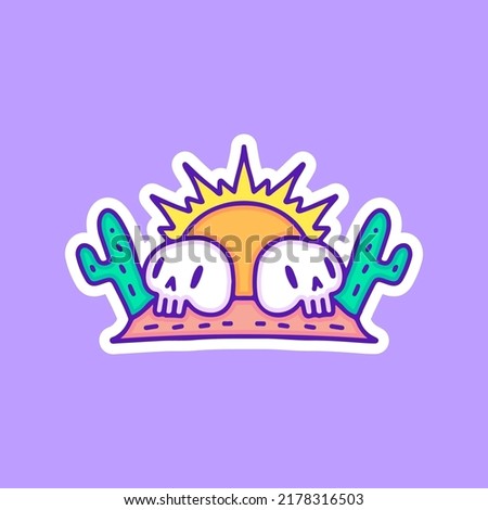 Sun, skulls, cactus, and desert landscape illustration, with soft pop style and old style 90s cartoon drawings. Artwork for street wear, t shirt, patchworks; for teenagers clothes.