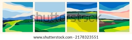 Set of four abstract Landscapes. Colorful sky, field, grass, green hills, horizon. Flat design. Nature, tourism, travel concept. Hand drawn trendy Vector illustration. Square backgrounds Royalty-Free Stock Photo #2178323551