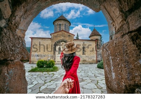 Tourist visiting at Motsameta monastery near Kutaisi, Georgia. Royalty-Free Stock Photo #2178327283