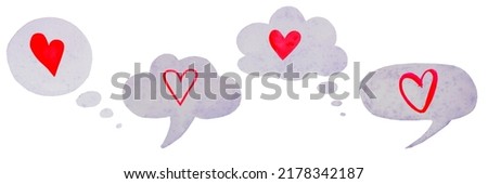 Collection of speech bubbles and dialogue balloons with hearts. Hand watercolor painting. Isolated clip art elements for design, decor, creative collages.

